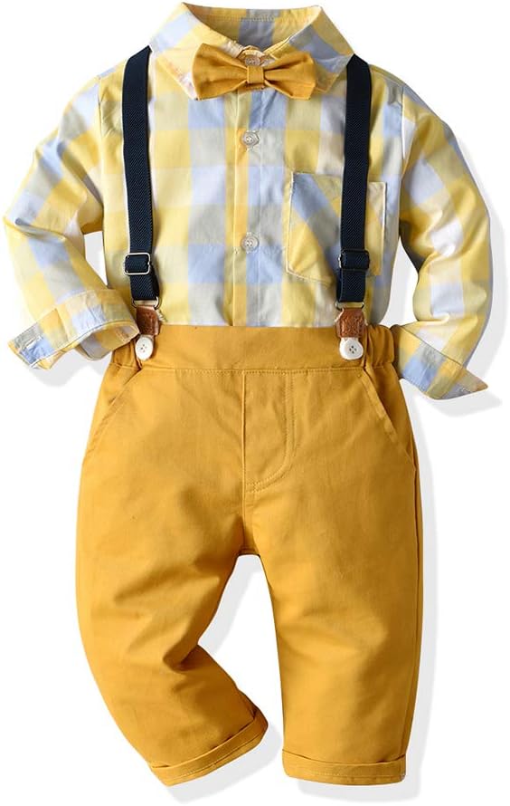 Joycebaby Toddler Boy Clothes Set - Plaid Shirts Suspender Shorts