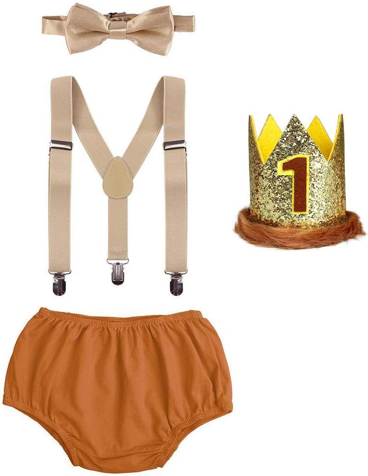 Lion 1st Birthday Cake Smash Boys Outfit with suspenders Crown