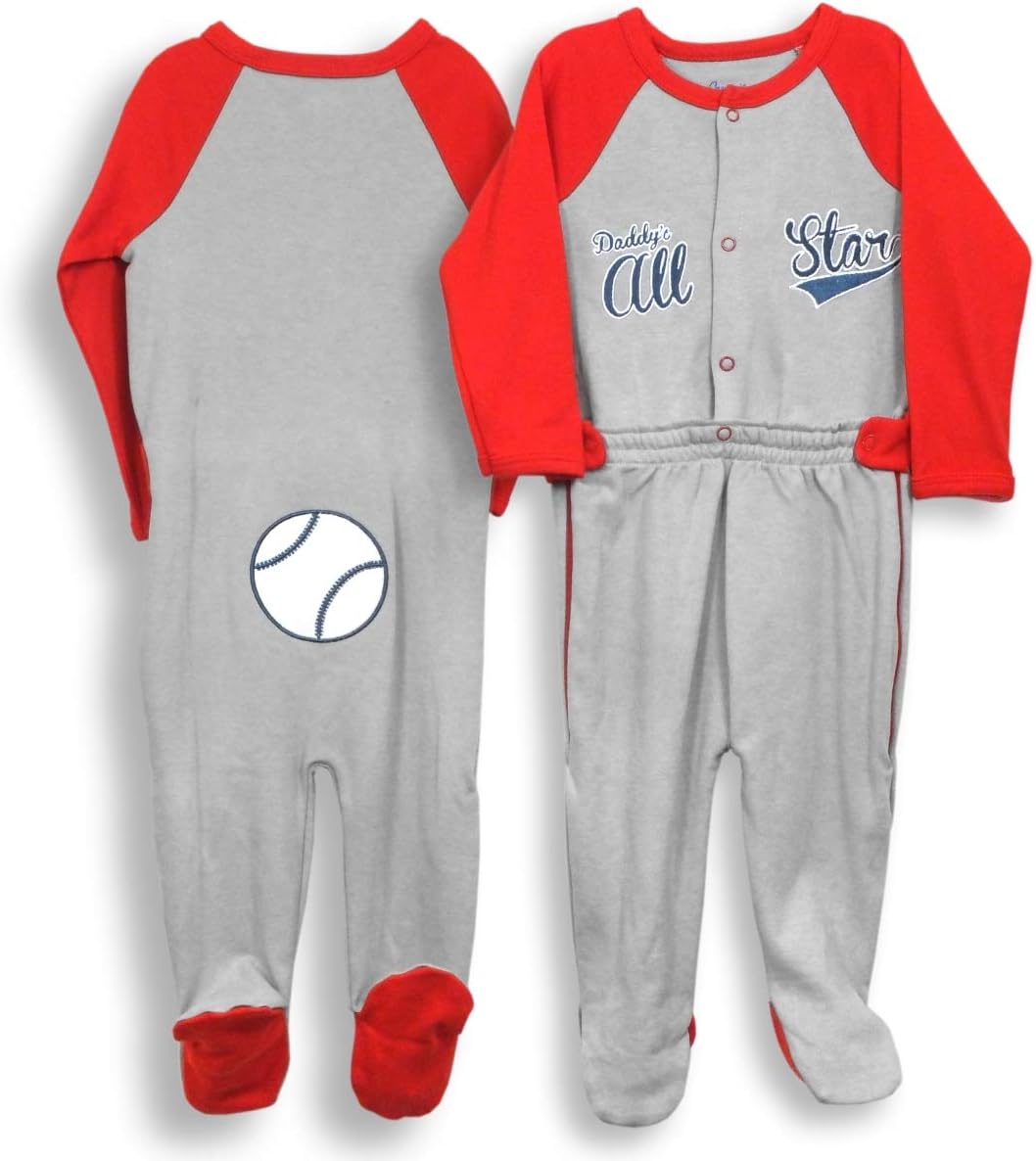 Spencers H73104-3 0-3 Months Zip Leg Sleeper - Red Grey Baseball Embroidery