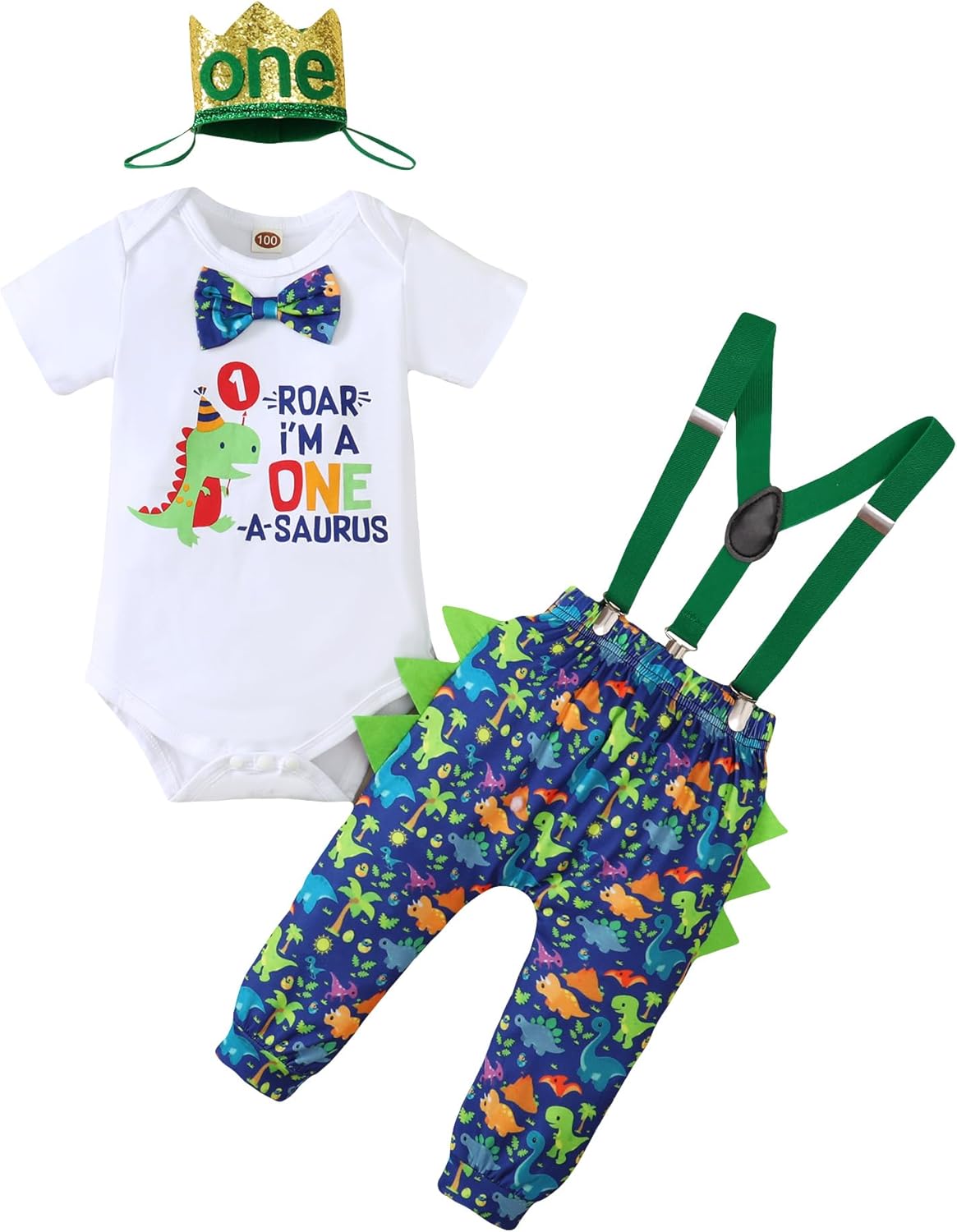 Baby Boy 1st Birthday Funny Cake Smash Outfit Bow Tie dinosaur
