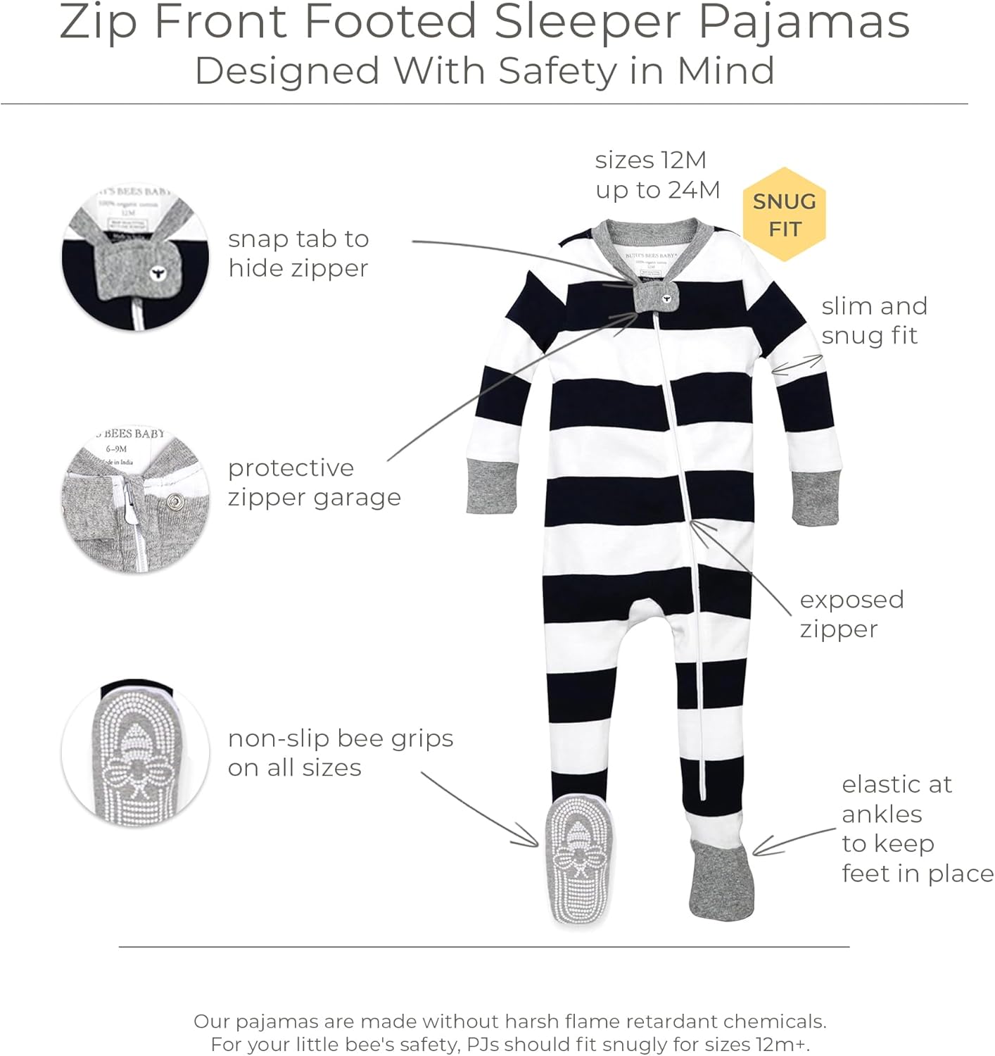 Burts Bees Baby Boys Pajamas - Non-Slip Sleep Suits