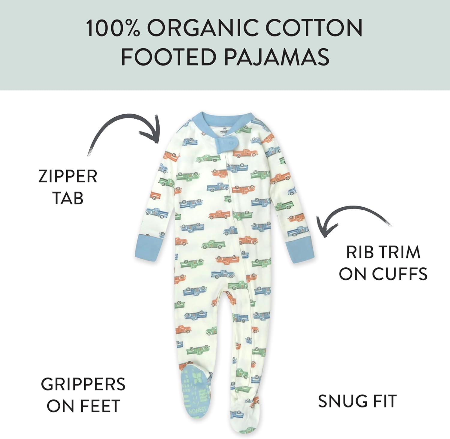 HonestBaby Organic Cotton Pajamas One-Piece Sleeper Zip Front for Baby Boys