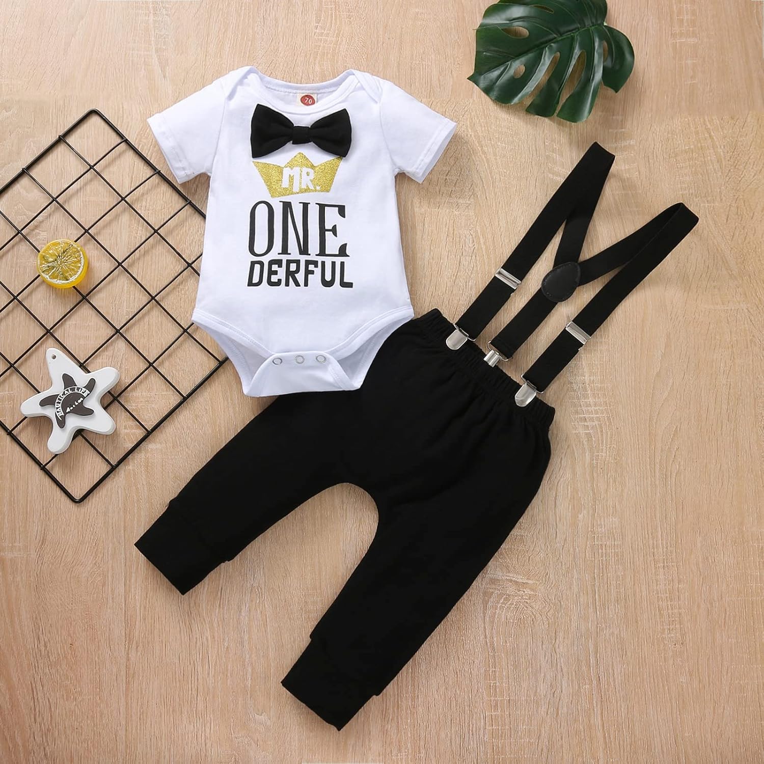 Boy One 1st Birthday Romper Suspenders Set
