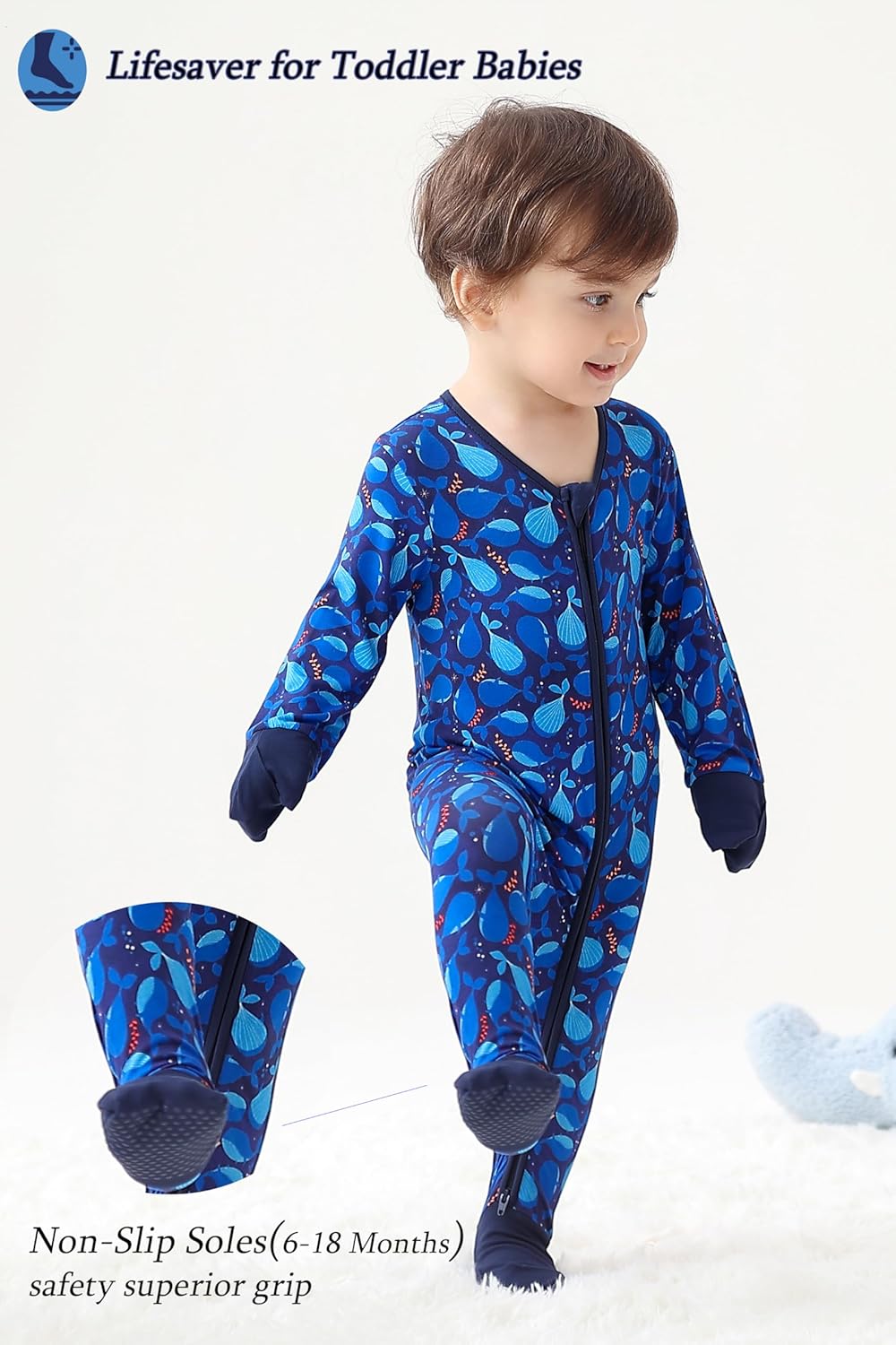JunNeng Baby Romper Bamboo Rayon Two-Way Zipper Mitten Footuffs Non-Slip Soles