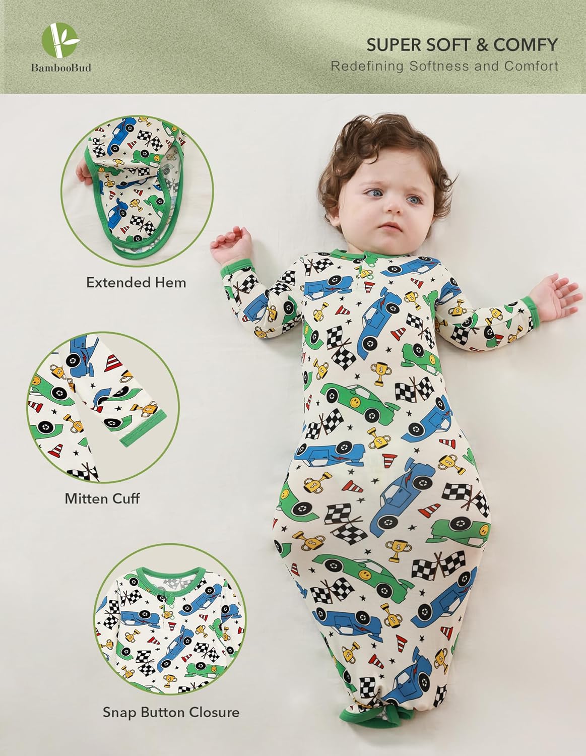 BambooBud Baby Boys Sleeper Gown with Mitten 0-3 Months