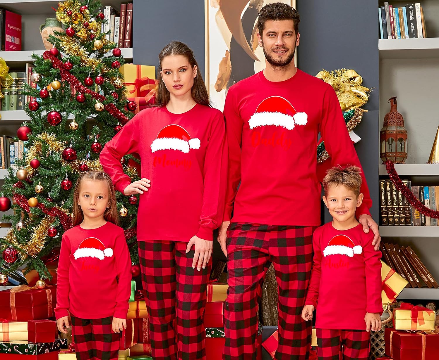 TEEAMORE Custom Family Christmas Santa Red Hat Top